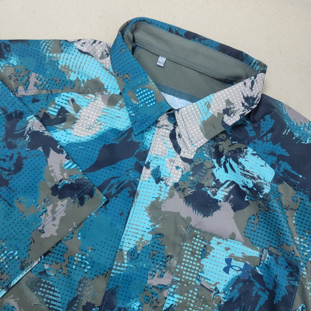 Under Armour Mens Large Green Floral Camo Short Sleeve Button Down